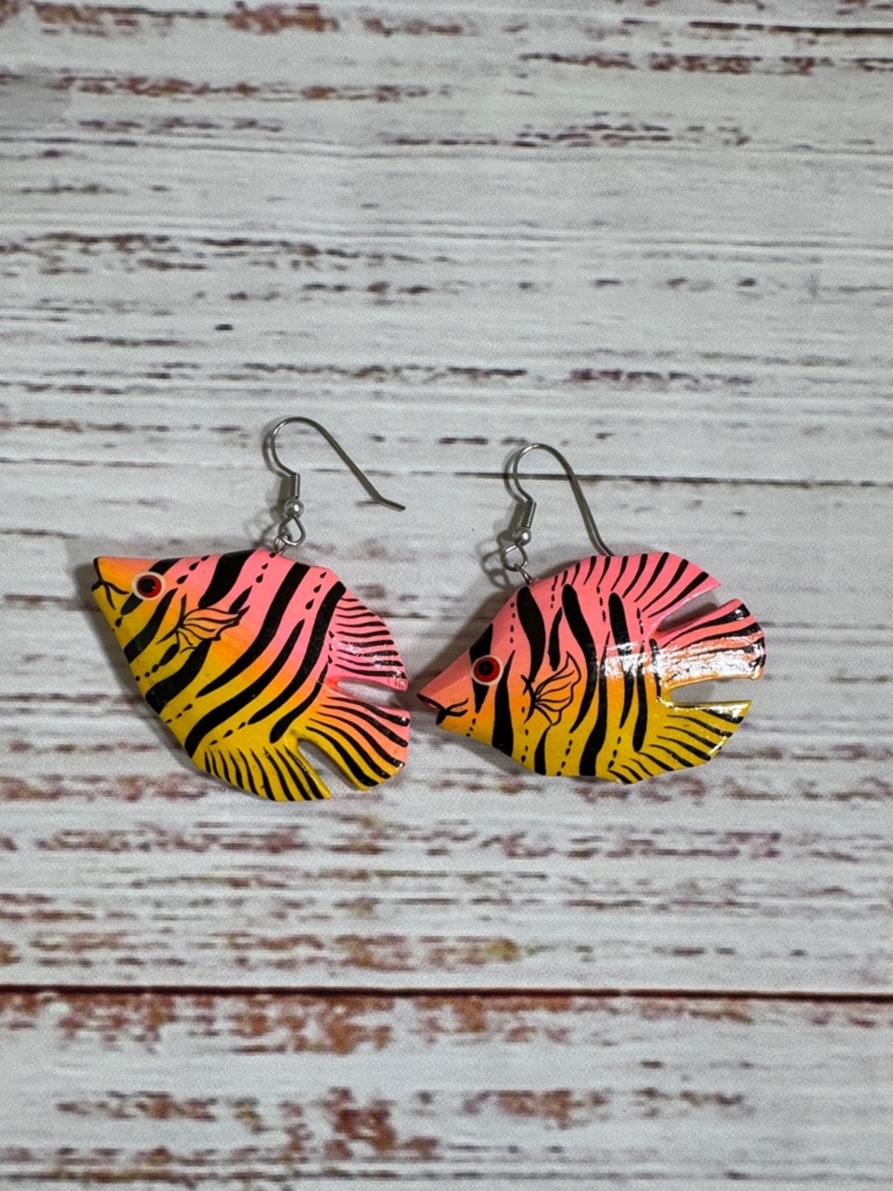 Bright Pink & Yellow Tropical Wooden Fish Drop Earrings